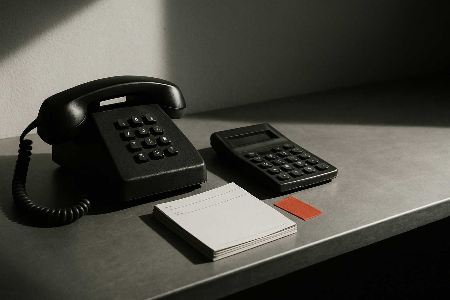 A black desk telephone beside a pocket calculator, a stack of blank payslips and a small red job ticket on a steel counter.