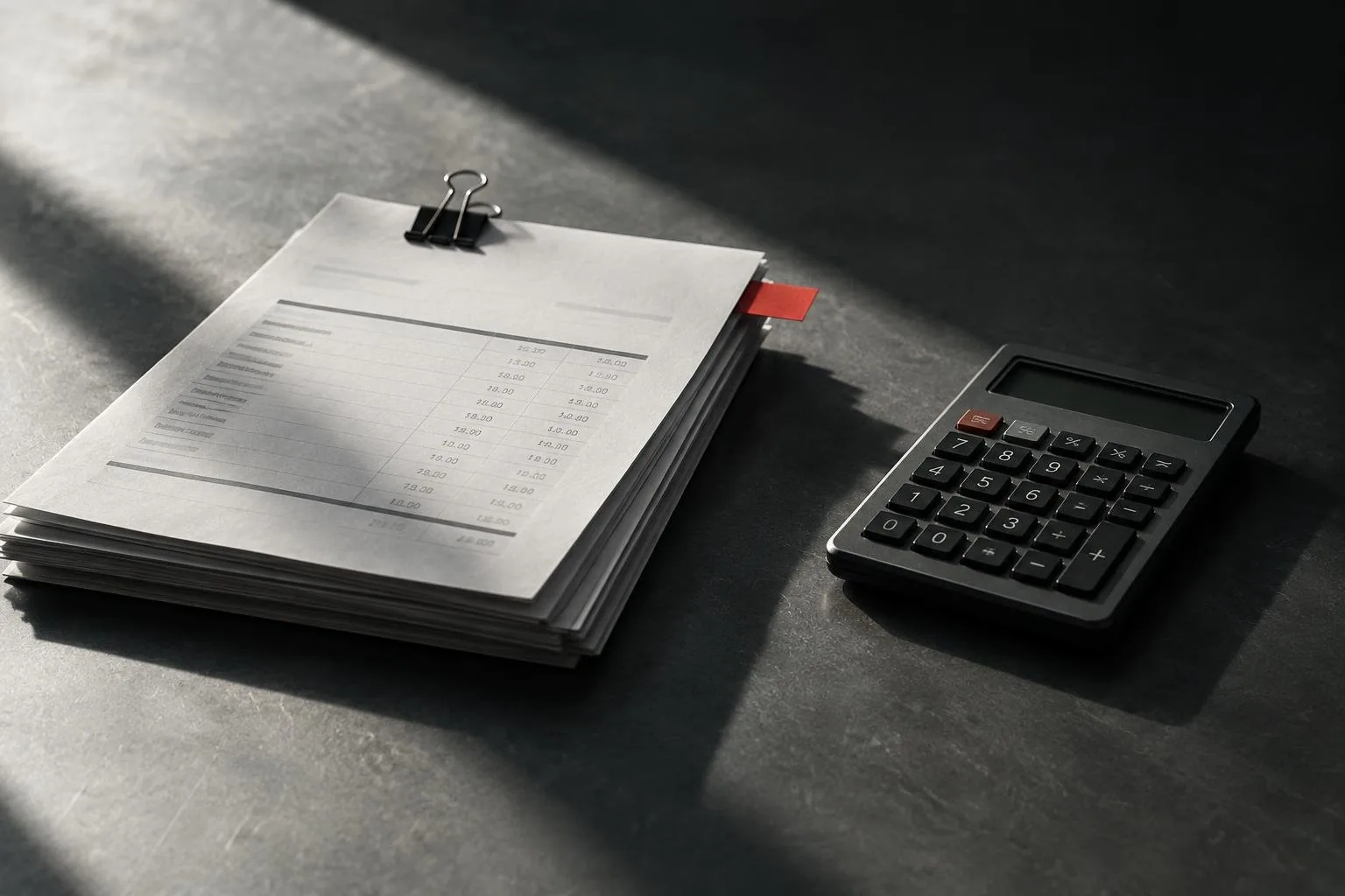 A clipped stack of invoices with a red paper flag beside a calculator