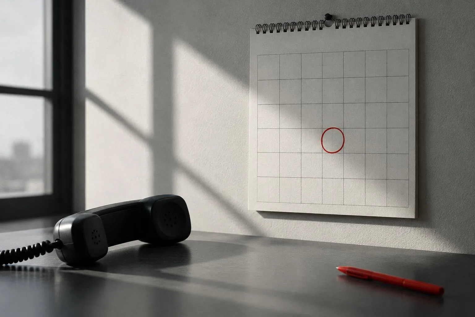 A blank paper wall calendar grid with one square ringed in red pen and a black desk handset beside it