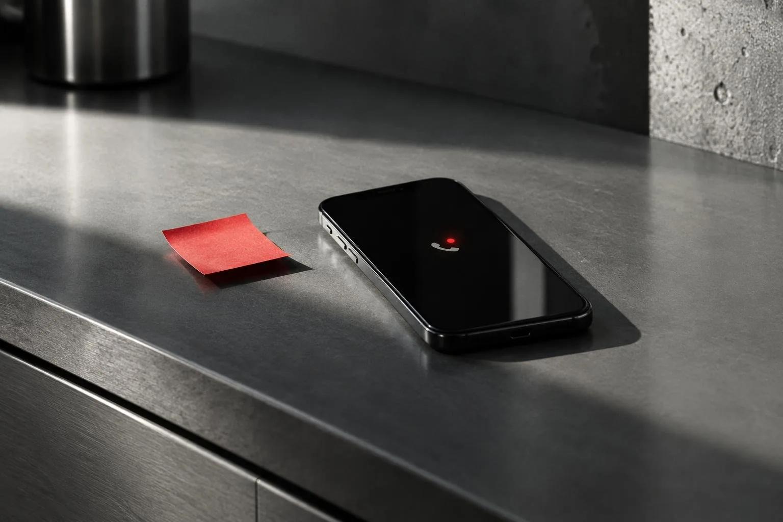 A phone lying face-up on a steel counter with a red missed-call light, a red sticky note beside it