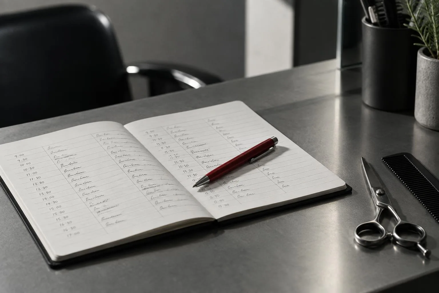 Appointment book open on a salon counter with a booked colour service.