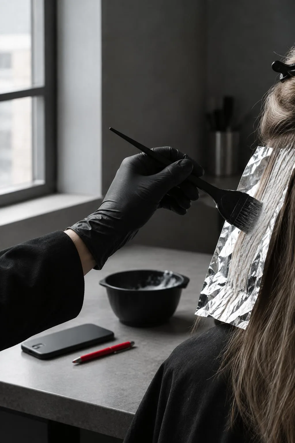 A hairstylist colouring a client’s hair while a phone rings unanswered on the counter.