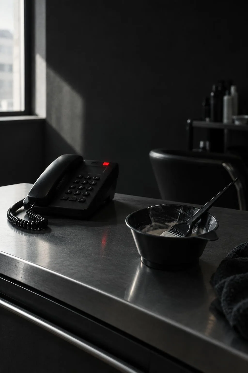 A ringing phone on a salon counter beside an unfinished colour service.