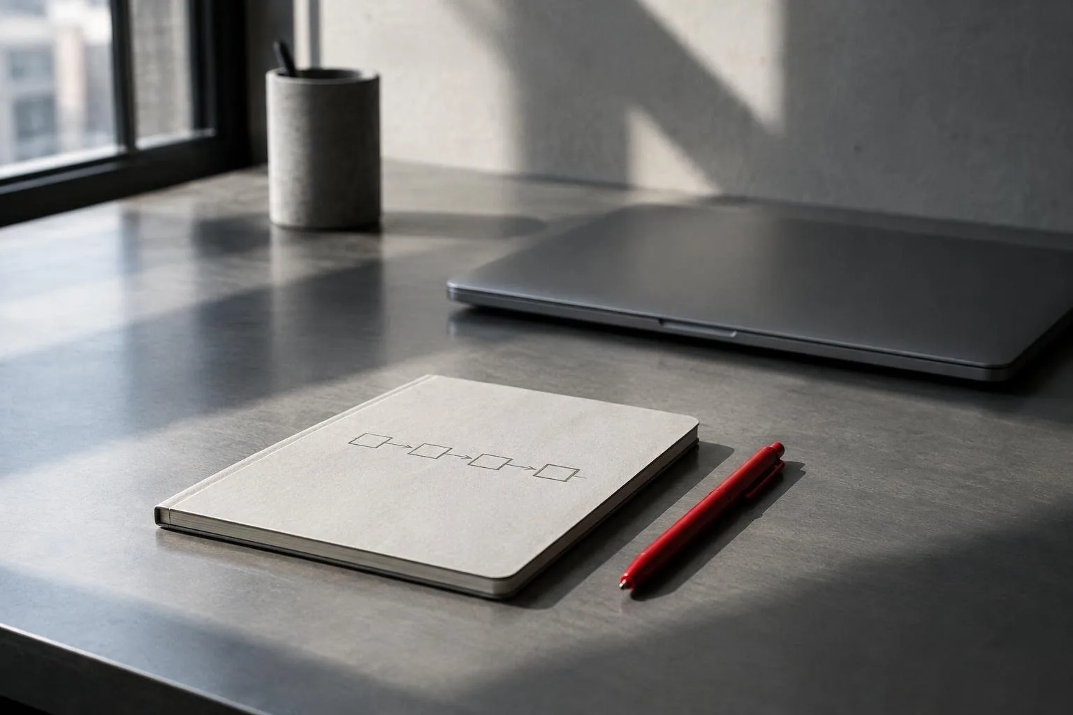 A calm desk with a closed laptop, a notebook showing a hand-drawn line of four connected boxes, and a red pen
