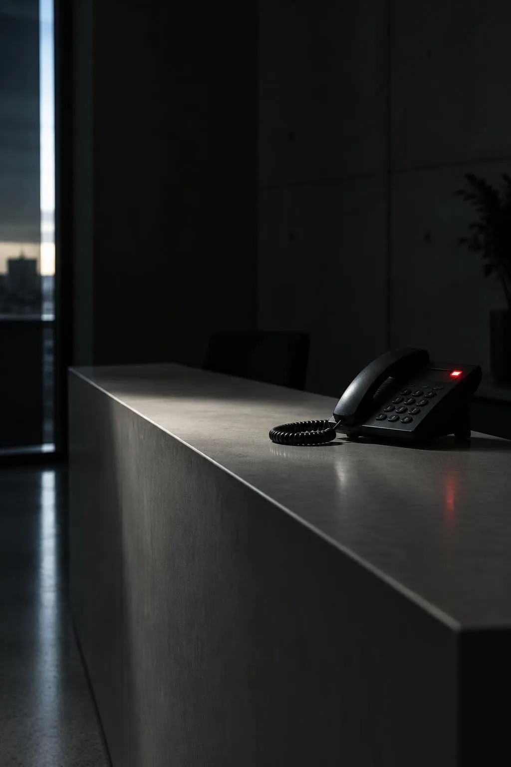 A desk phone ringing on an empty reception counter after hours