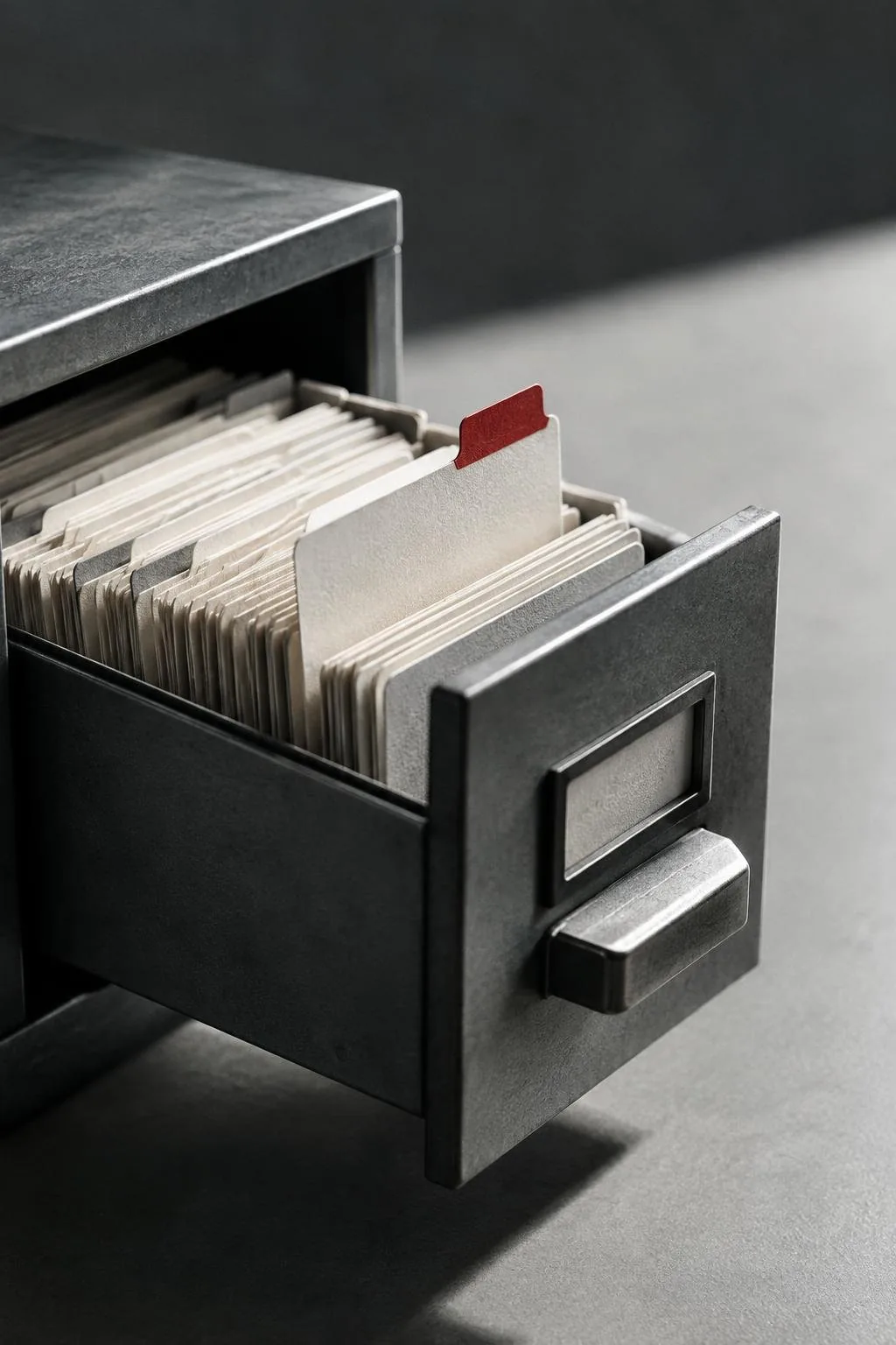 A customer card file with one card slipping out of the drawer