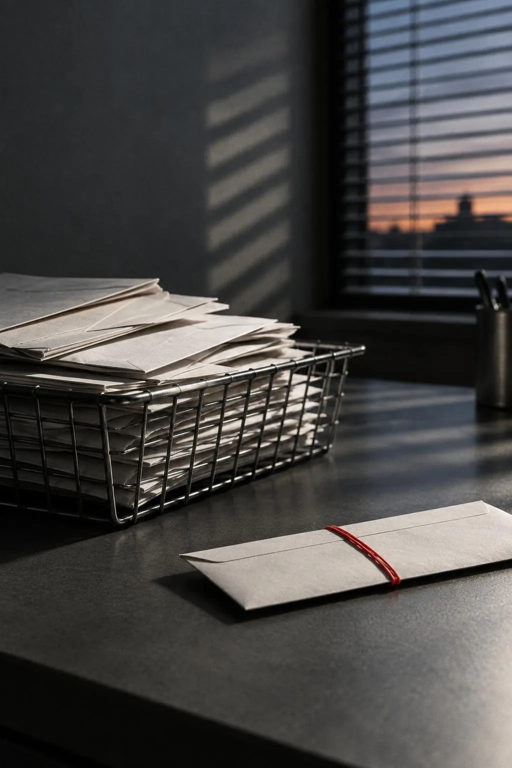 A mail tray overflowing with unopened envelopes