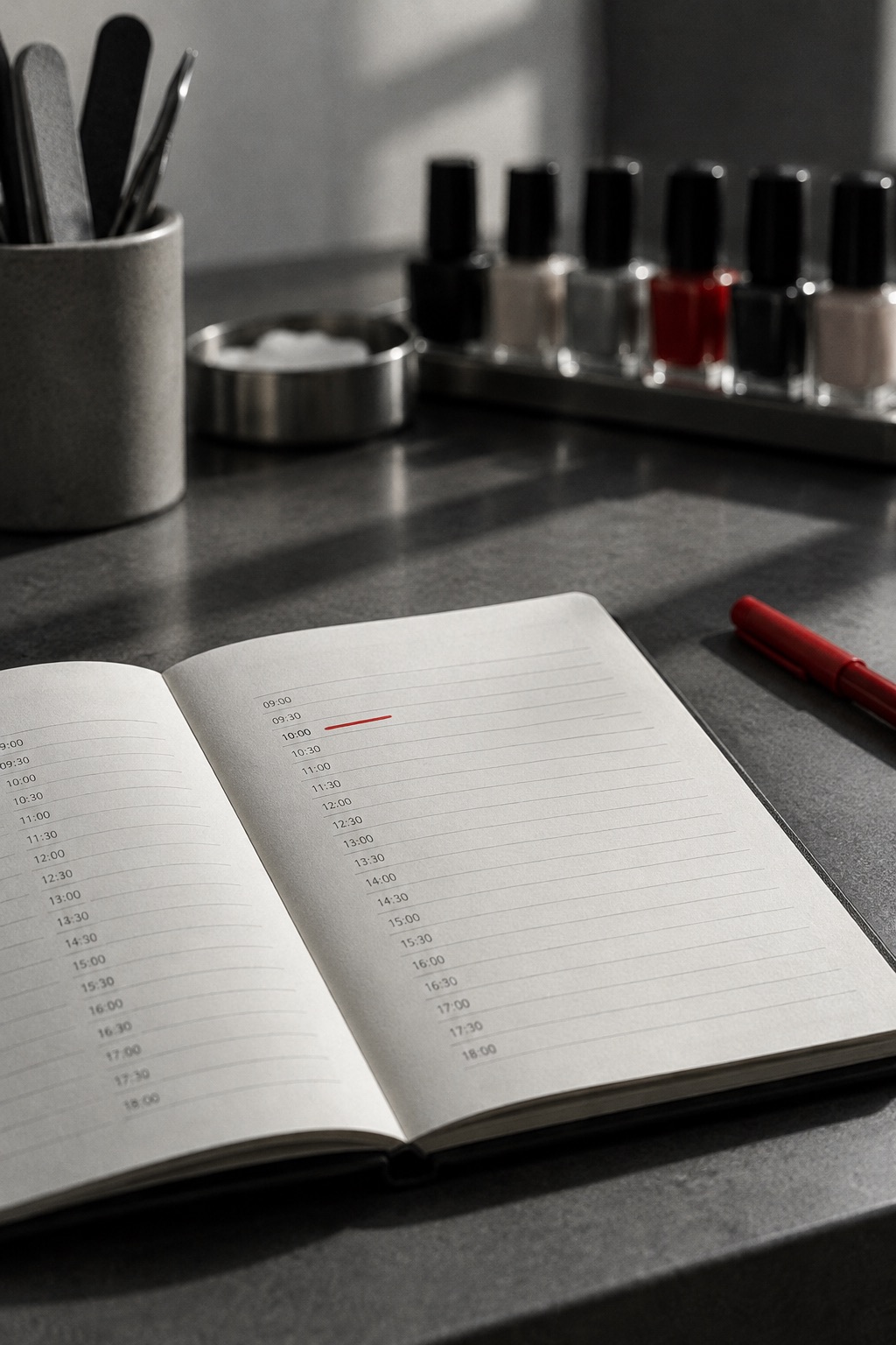 An open appointment book with empty time blocks and one marked in red