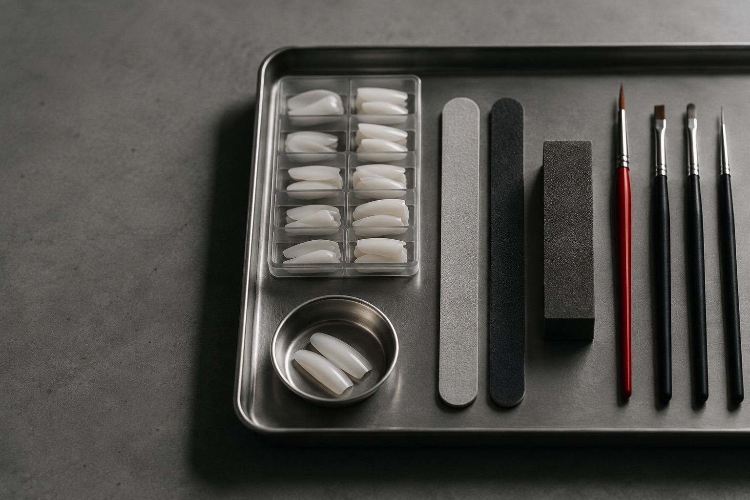 A steel tray of nail tips, files and small brushes laid out in a precise grid, one brush with a red handle