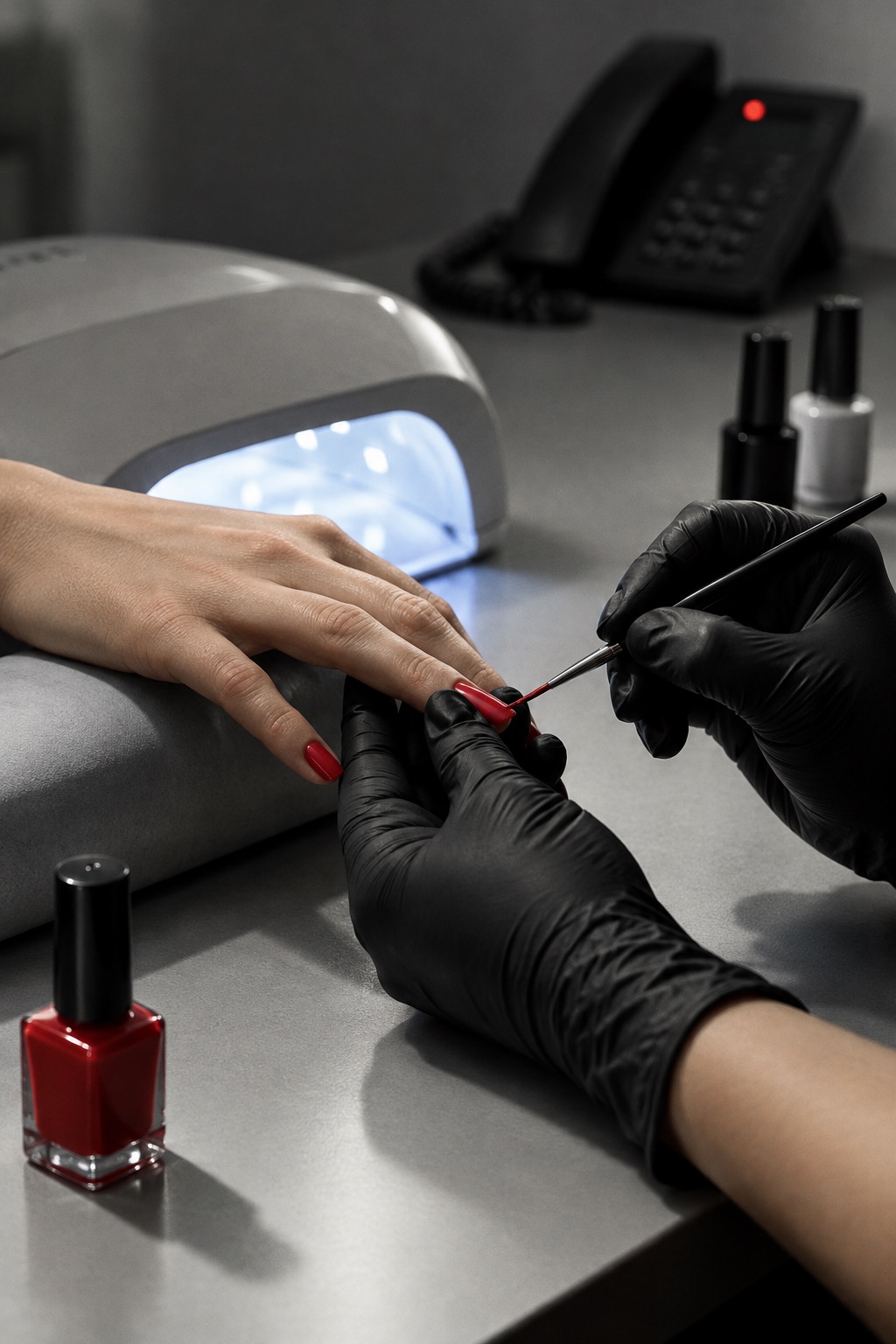A technician in black gloves painting a nail under a UV lamp while the desk phone behind them shows a red light