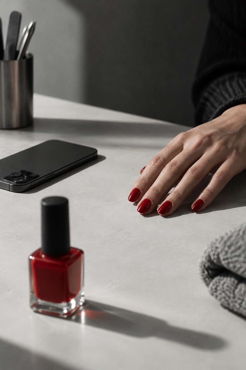 A phone lying face down beside a manicured hand