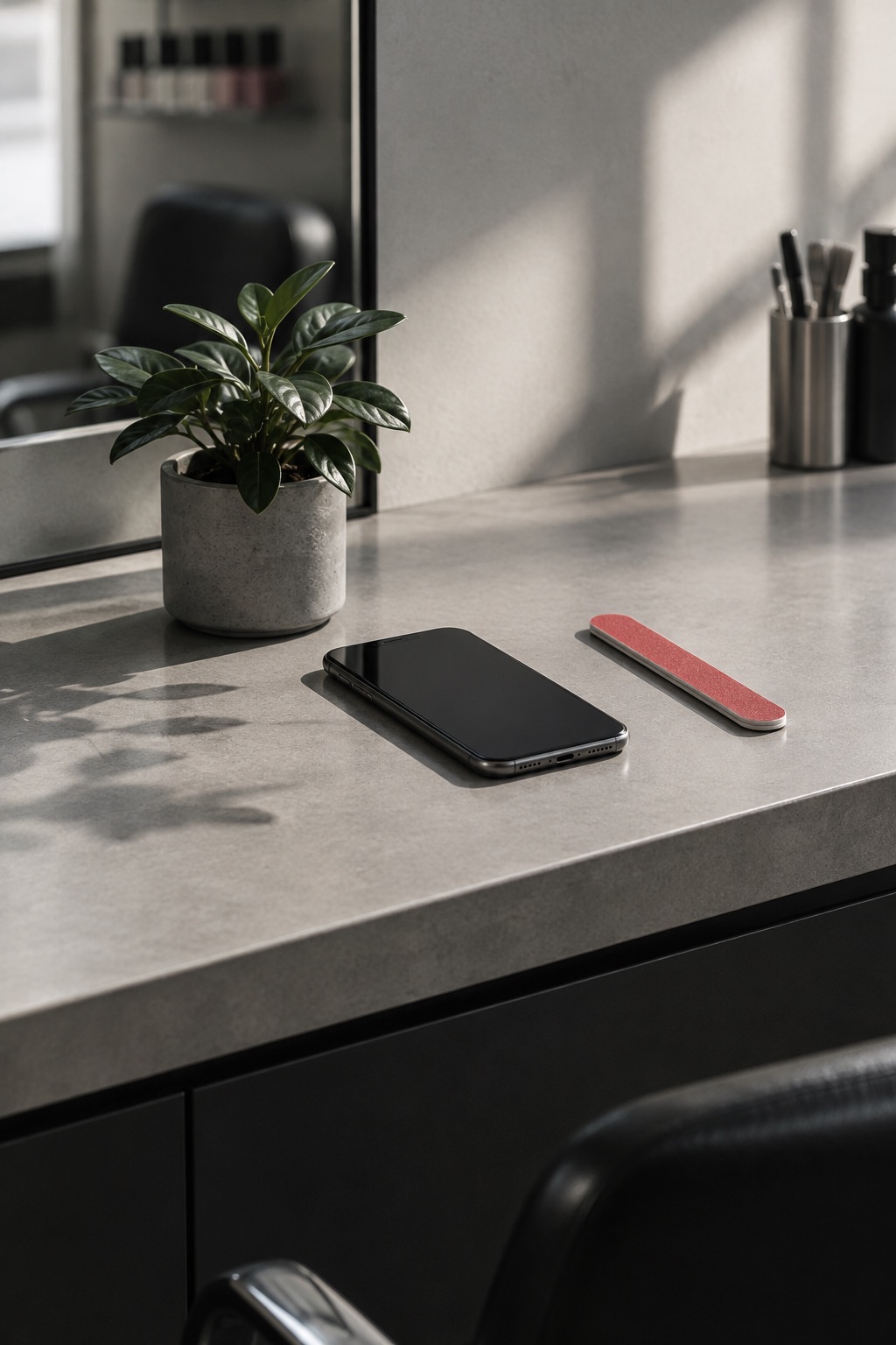 A phone and a red nail file on a salon counter beside a small plant