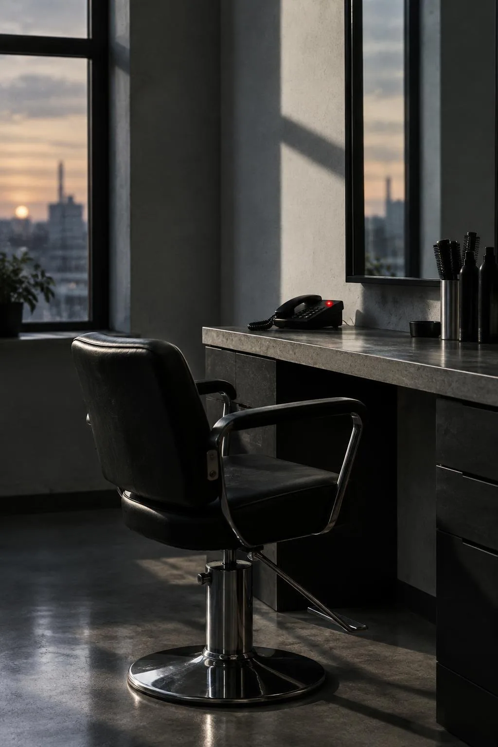 An empty salon chair beside a booking book with a red pen