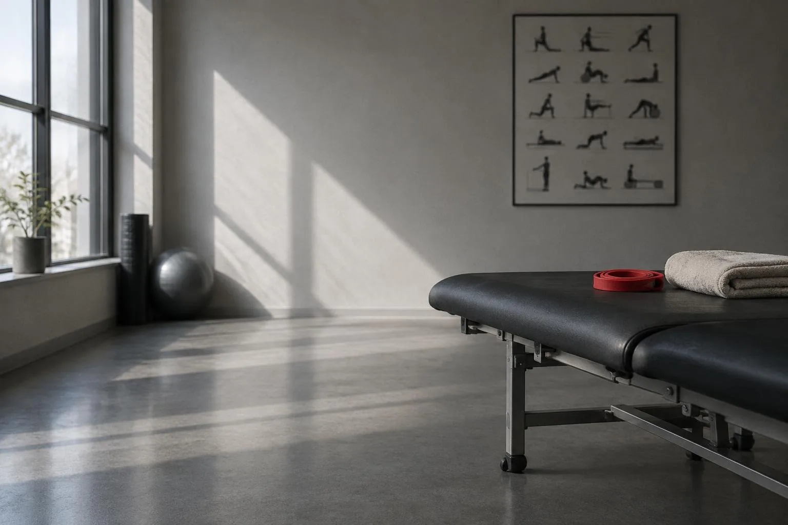 A treatment room with a plinth, a folded towel and a printed exercise plan on the wall