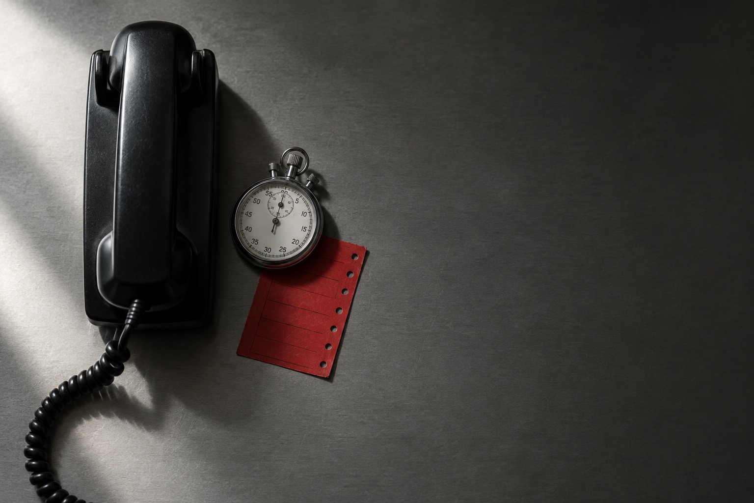 A black desk telephone beside a mechanical stopwatch and a red job ticket on a steel desk.